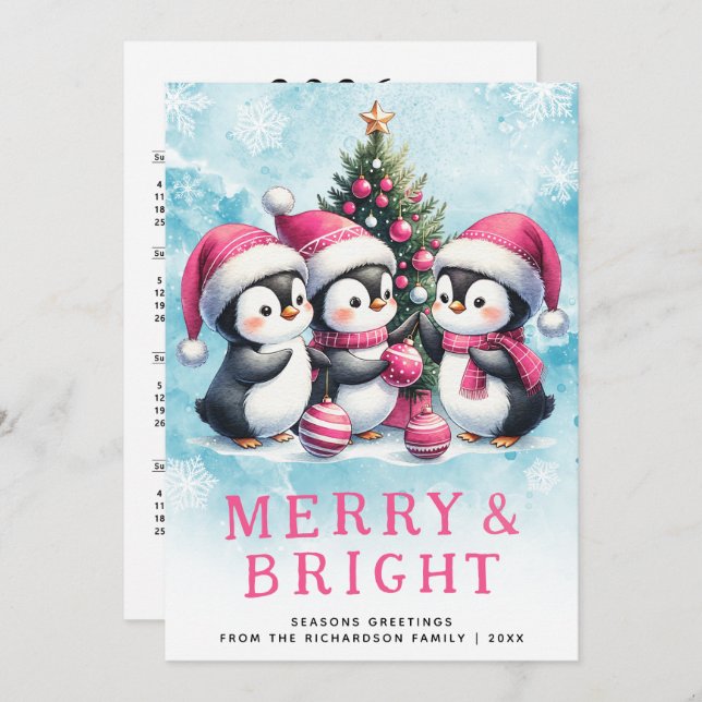 Rosa jul Penguins Merry och Bright Julkort (Fram/baksida)