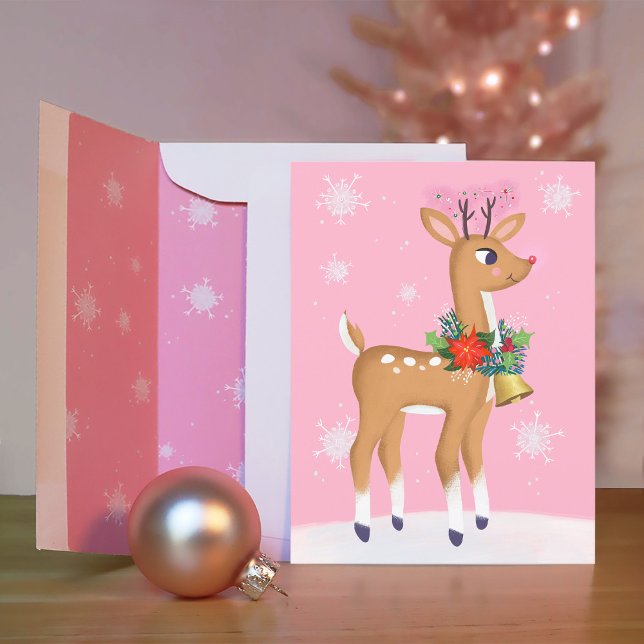 Rosa jul retro Rudolf ren julkort Vykort (Envelope sold separately.)