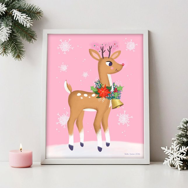 Rosa jul Retro Rudolph Reindeer Art Print Poster (Skapare uppladdad)