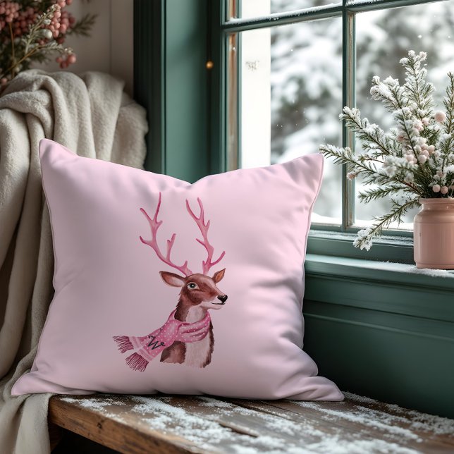 Rosa jul Retro Vintage Reindeer Monogram Kudde (Pink Christmas Retro Vintage Reindeer Monogram Throw Pillow)