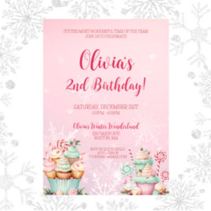 Rosa jul snöflinga Cupcake 2-årsdag Inbjudningar