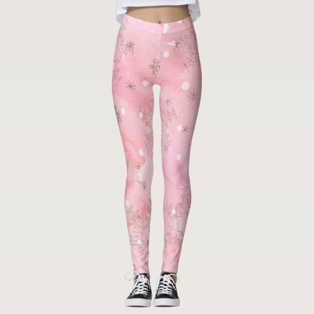 Rosa jul Snöflingor Boho Mönster Leggings (Framsida)