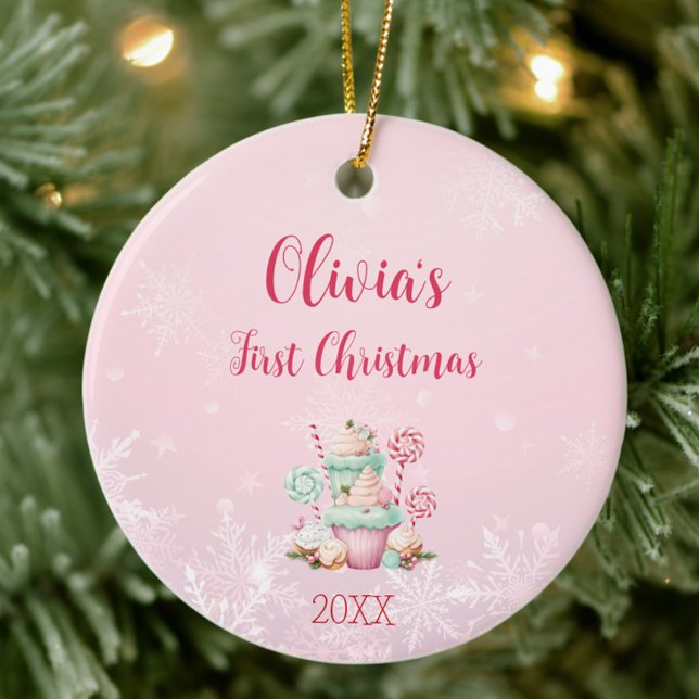 Rosa Jul Snowflake Cupaka Första jul Julgransprydnad Keramik (Pink First Christmas Ornament with Year, Baby Girl Ornament, Christmas Gift Idea for New Mom)