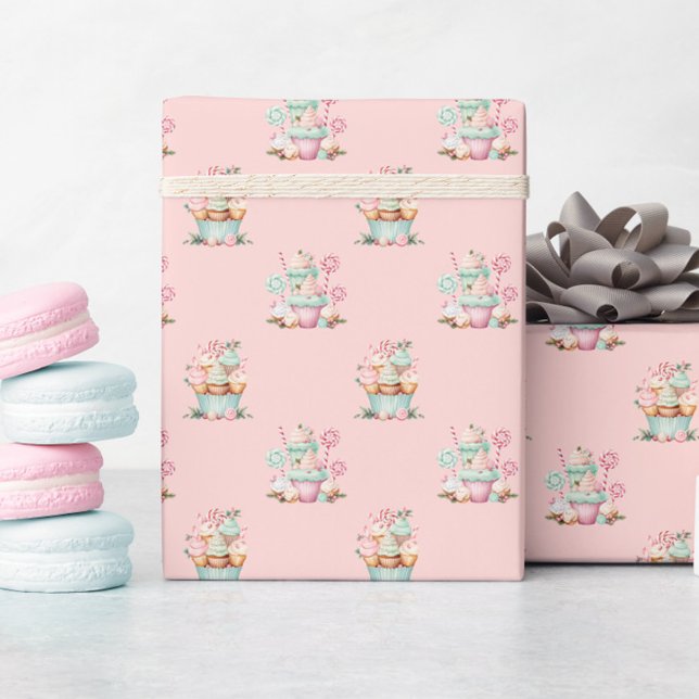 Rosa Jul Snowflake Cupcoa Birthday Presentpapper (Pink Christmas Cupcake Wrapping Paper, Candy Sweets Birthday Gift Wrap, Winter Wonderland)