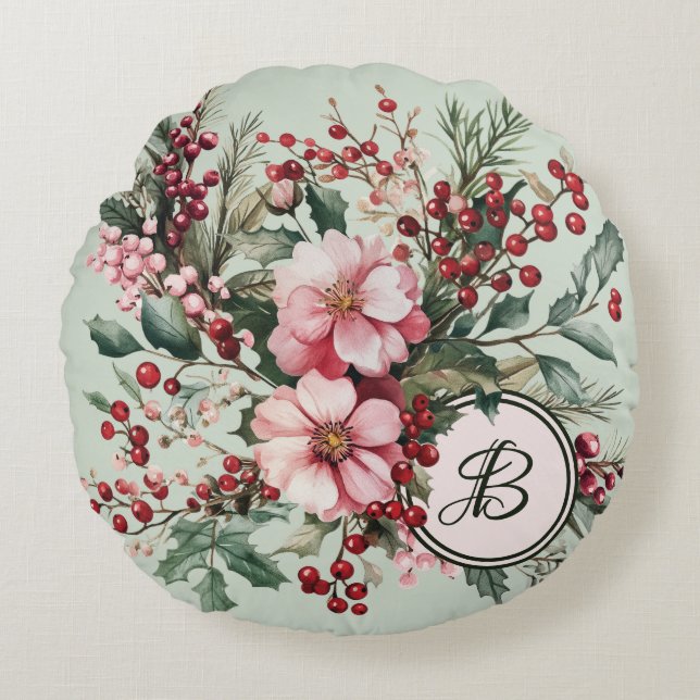 Rosa jul vattenfärg Blommig Personlig Runt Rund Kudde (Framsidan)