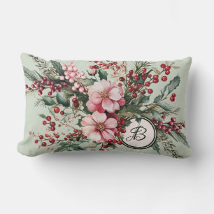 Rosa jul vattenfärg blomster elegant monogram lumbarkudde