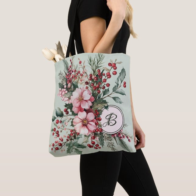Rosa jul vattenfärg blomstermonogram tote tygkasse (Närbild)