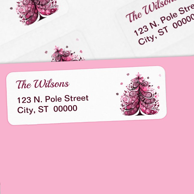 Rosa Jul Whimsical Träd Returadress Etikett (Pink Christmas Whimsical Tree Return Address Label)