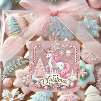 Rosa jul Wonderland Unicorn Fyrkantigt Klistermärke