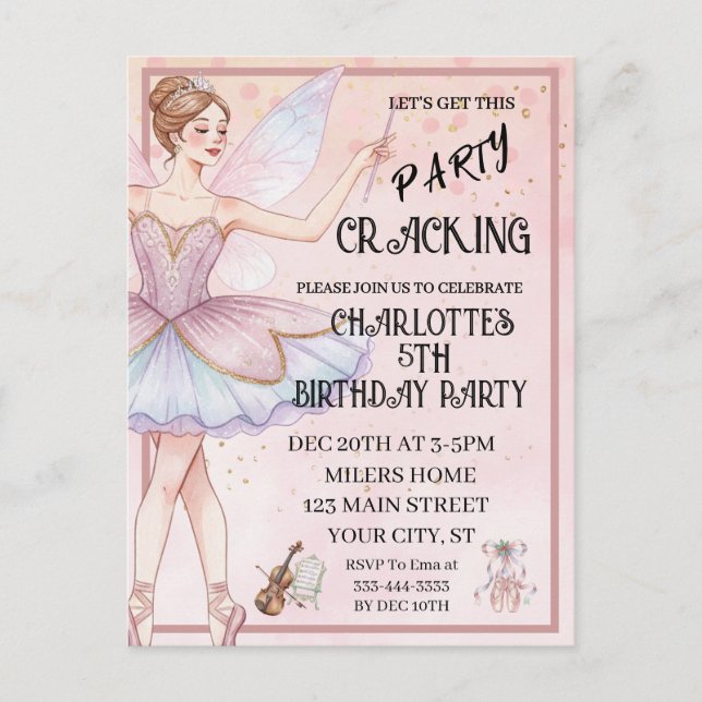 Rosa julbalett födelsedagsfirande för nötknäppare vykort (Framsida)