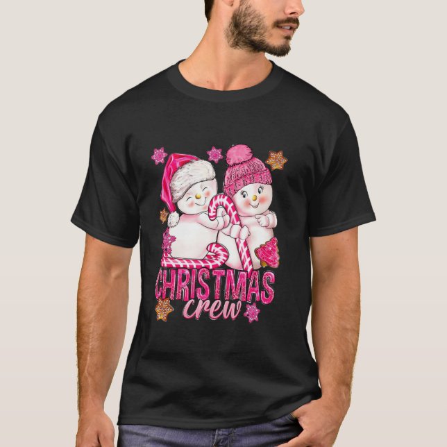Rosa julbesättning Snögubbe med Candy cane Julafto T Shirt (Framsida)