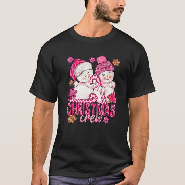 Rosa julbesättning Snögubbe med Candy cane Julafto T Shirt (Framsida)