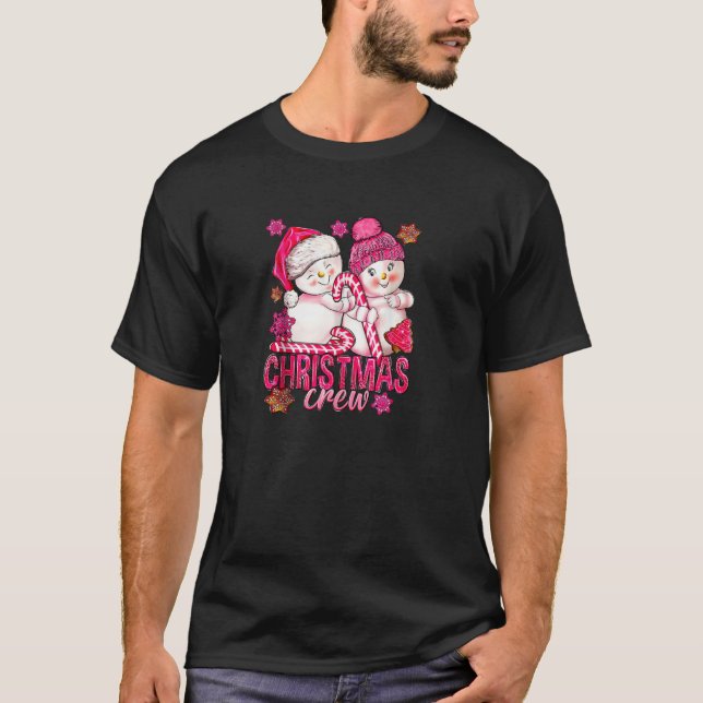 Rosa julbesättning Snögubbe med Candy cane Julafto T Shirt (Framsida)
