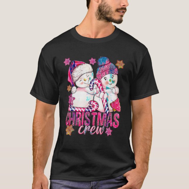 Rosa julbesättning Snögubbe med Candy cane Julafto T Shirt (Framsida)