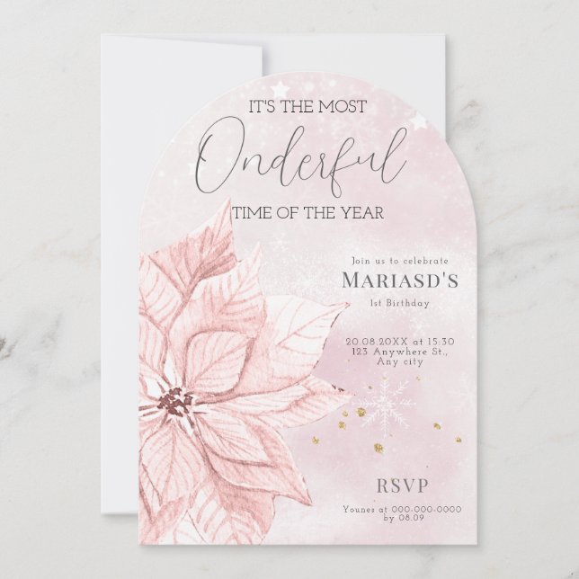 rosa julblomma 1:a årsdagen inbjudningar (Framsida)