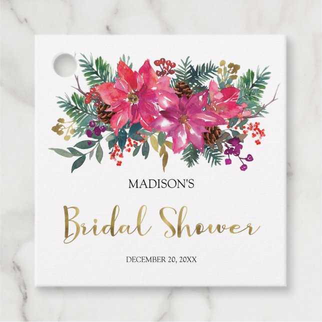 Rosa julbrudsmöhippa med Poinsettia Gåvor Etiketter (Framsida)