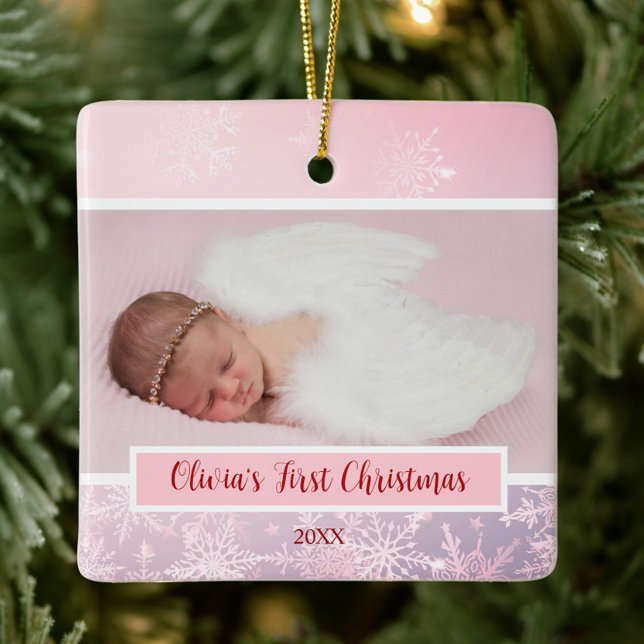 Rosa Julfoto Snowflake Första jul Julgransprydnad Keramik (My First Christmas Snowflake Baby Photo Ornament, Pink Christmas, Winter Wonderland, Elegant, Girly)
