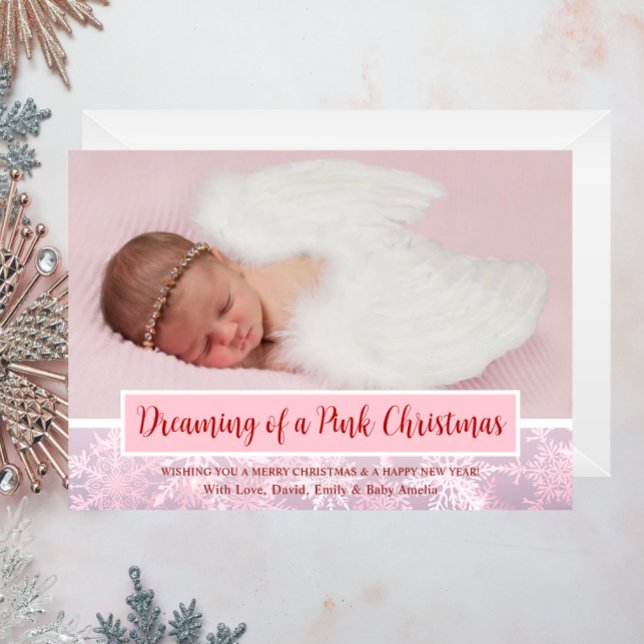 Rosa Julfoto Snowflake Första jul Julkort (Dreaming of a Pink Christmas Snowflake Photo Birth Announcement, Family Holiday Card, Cute, Girly)