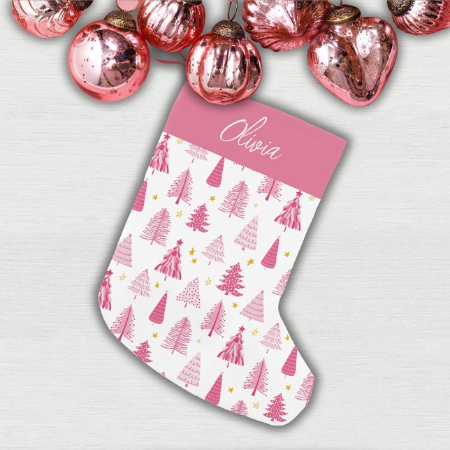 Rosa julgräd liten julstrumpa (Pink winter woodland Christmas tree design stocking, perfect fotrthe holiday season.)