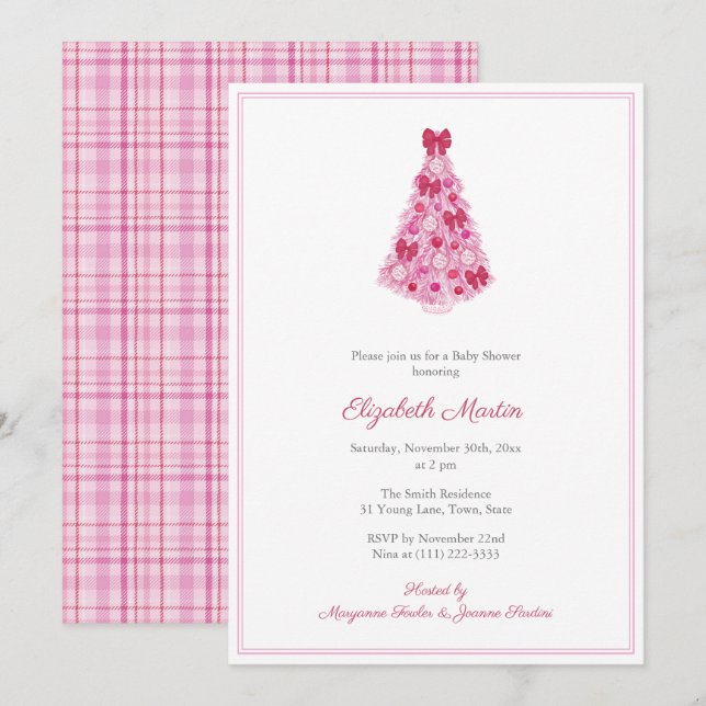 Rosa Julgran Baby Shower for Girl Party Inbjudningar (Fram/baksida)