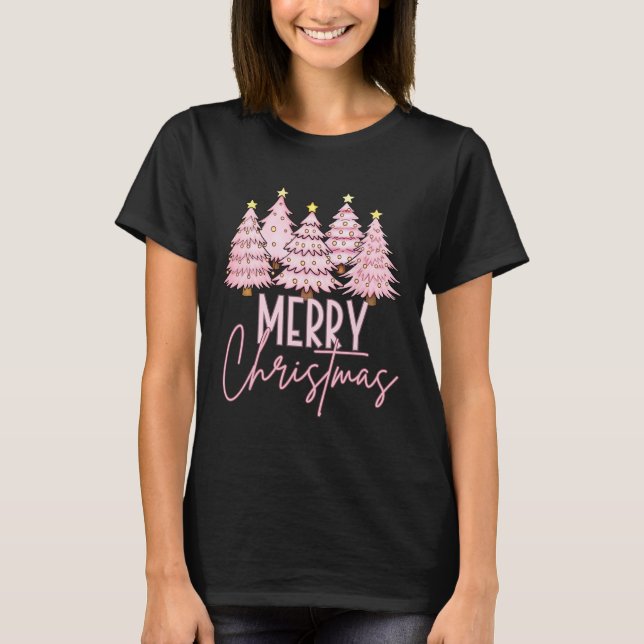 Rosa julgran Glad och ljus julgran T Shirt (Framsida)