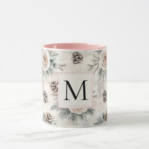 Rosa julgran kotteblomster monogram mugg