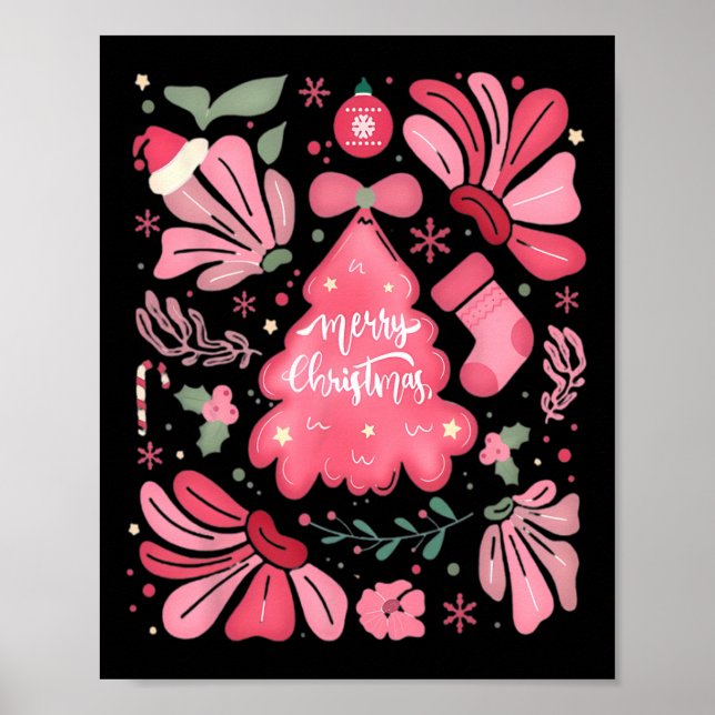 Rosa Julgran Merry och Bright Julafton Helgdag Poster (Framsidan)