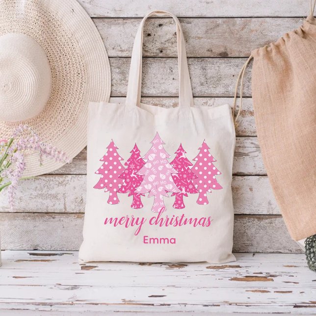 Rosa Julgran Mönster med Elegant Namn Tygkasse (Pink Christmas Tree Pattern with Elegant Name Tote Bag)