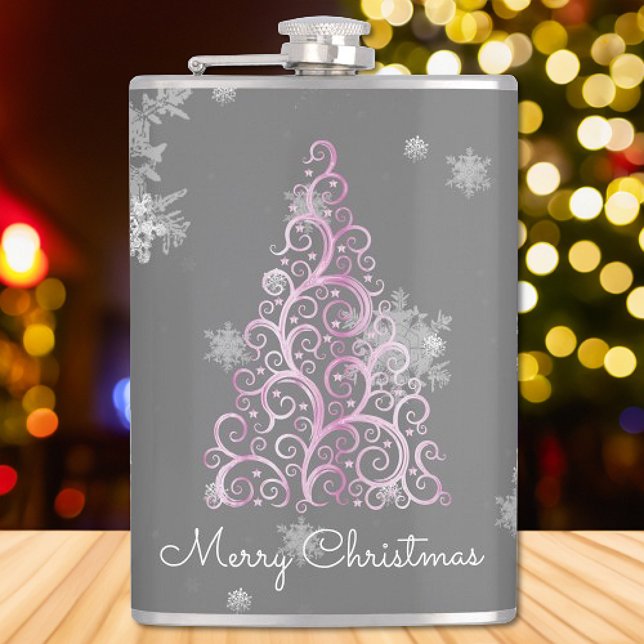 Rosa Julgran och Snöflingor Fickplunta (Pink Christmas Tree and Snowflakes Flask)