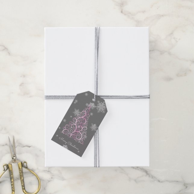Rosa Julgran och Snöflingor Gift Märkre Presentetikett (Med Snöre)