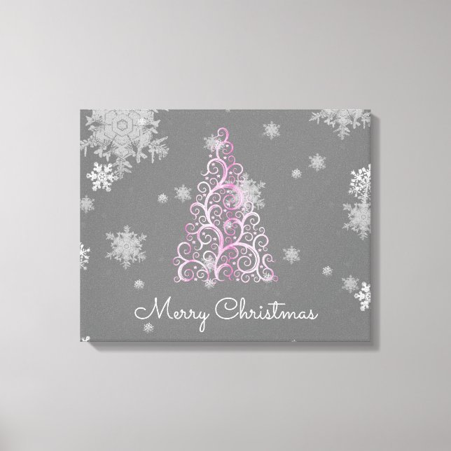 Rosa Julgran och Snöflingor Kanvastryck (Framsida)