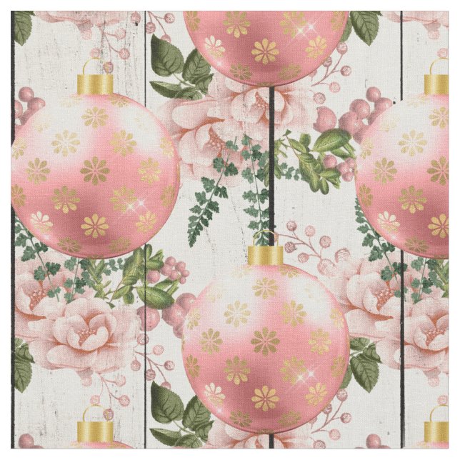 Rosa Julgran Ornaments and Flowers on Wood Tyg (Närbild)