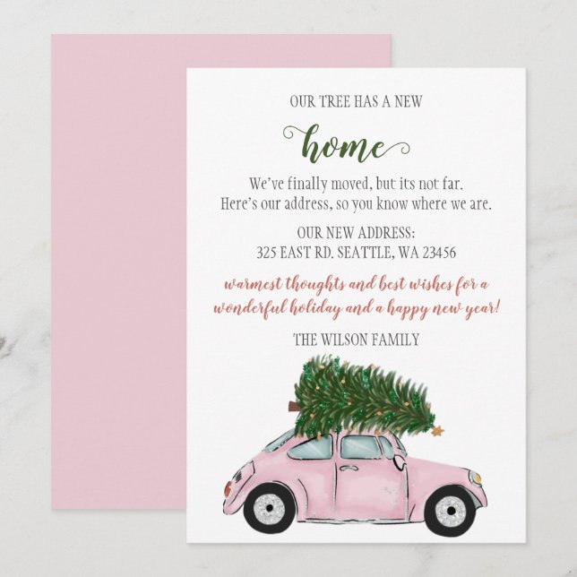 Rosa Julgran Vi har flyttat Helgdagskort (Fram/baksida)