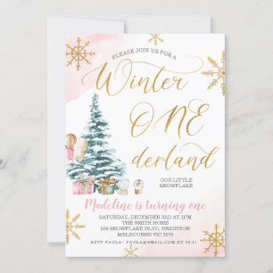Rosa Julgran Winter Onederland Birthday Inbjudningar