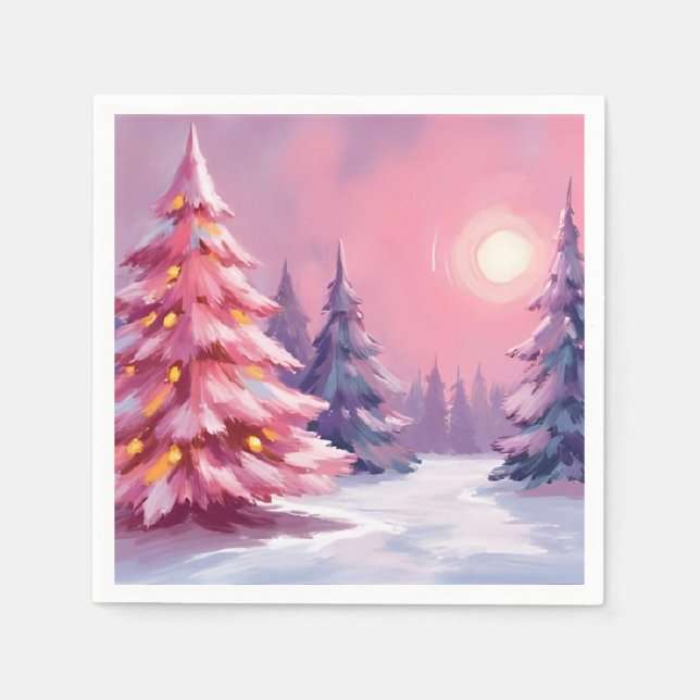 Rosa julgranar Pastell Vinter Vattenfärg Pappersservett (Framsidan)