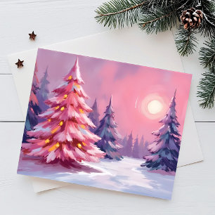 Rosa julgranar Pastell Vinter Watercolor Helg Vykort