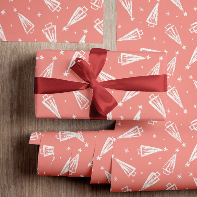 Rosa Julgranar Presentpapper (A vintage pink background with a simple and beautiful white tree pattern will make perfect gift wrap)