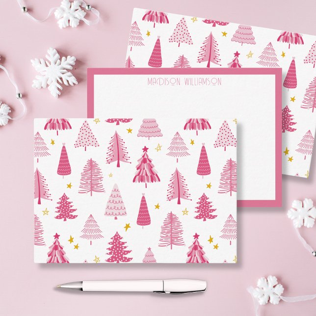 Rosa julgransdekoration anteckningskort (Pink personalized Christmas holiday notecards in woodland forest illustration. )