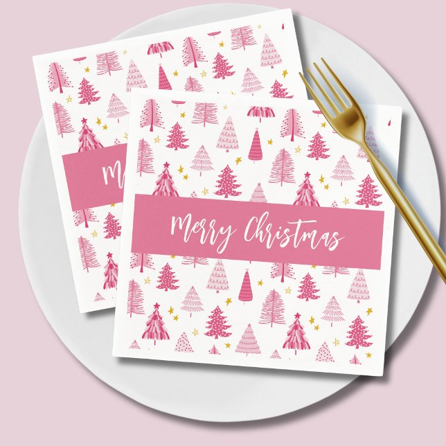 Rosa julgransfirande träd pappersservett (Pink christmas tree winter forest Merry Christmas Holiday Paper Napkins)