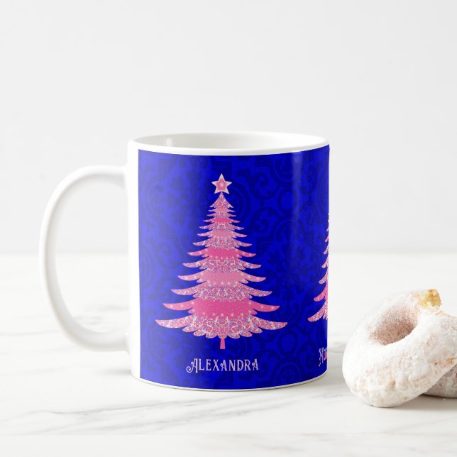 Rosa julgransgnistrande personlig snöflinga kaffemugg (Med munk)