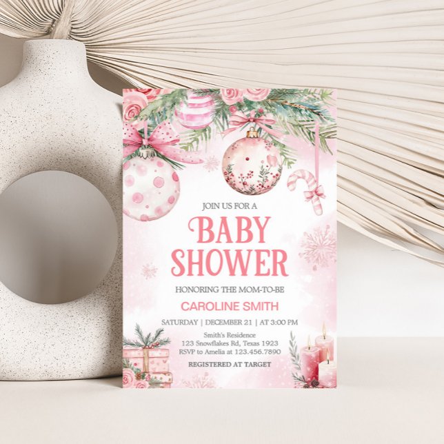 Rosa julgranskulor Vinter Babyshower Inbjudningar (Pink Christmas Ornaments Baby Shower Invitation)