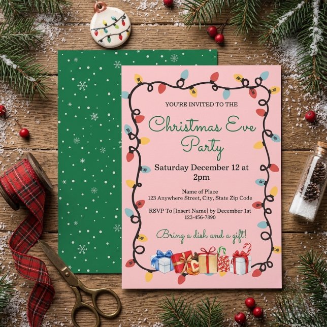 Rosa julgransljus och presenter firande julfest inbjudningar (Pink Christmas Eve Lights & Presents Holiday Party Invitation)