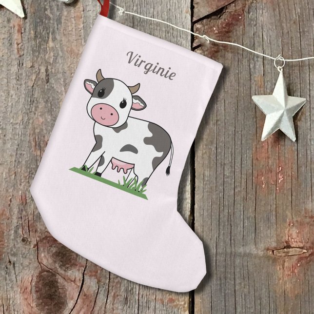 Rosa julklapp med en Cute Cow Liten Julstrumpa (Pink Christmas Stocking with a Cute Cow)