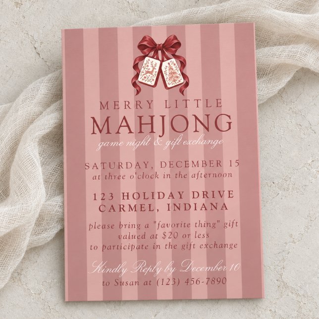 Rosa julklappsfest för Mahjong Inbjudningar (Pink Bow Christmas Mahjong Gift Exchange Invitation)