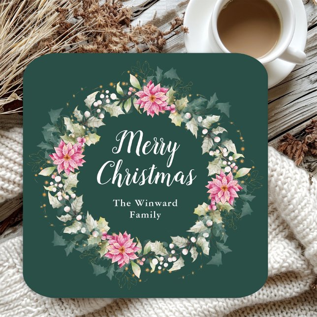 Rosa julkrans med julstjärna God Jul Underlägg Papper Kvadrat (Skapare uppladdad)