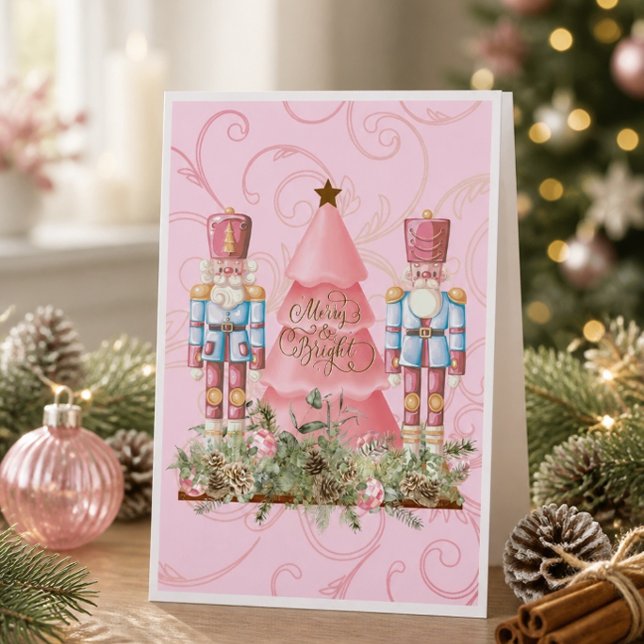Rosa julnötknäppare och julgran julkort kort (Skapare uppladdad)