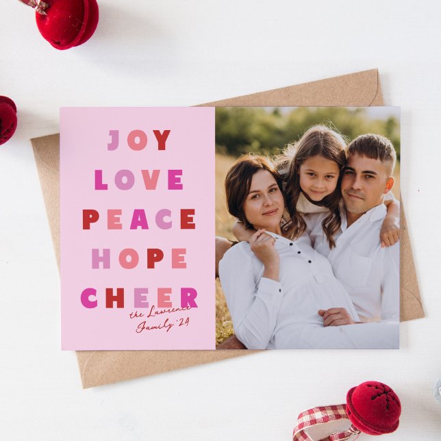 Rosa Jultipografi Joy Kärlek Peace Hope Julkort (pink modern typography holiday photo card)