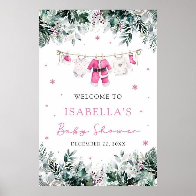 Rosa jultomten Baby Baby Shower Välkomstskylt Poster (Framsidan)