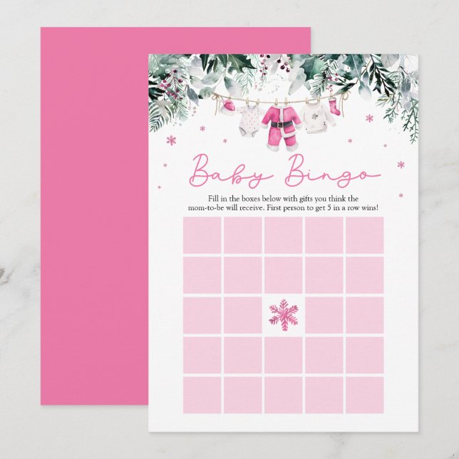 Rosa jultomten Baby Bingo Baby Shower Game Inbjudningar (Fram/baksida)