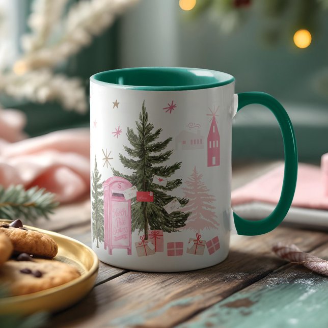 Rosa jultomten Reindeer North Pole Village Två-Tonad Mugg (Pink Christmas Santa Reindeer North Pole Village Two-Tone Coffee Mug)